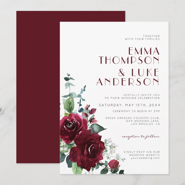 Elegant Burgundy Red Floral Marsala Maroon Wedding Invitation (Front/Back)