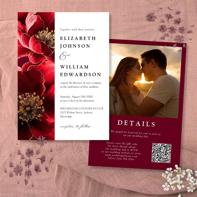 Elegant Burgundy Red Floral Photo QR Code Wedding Invitation (Elegant Burgundy Red Floral Photo QR Code Wedding Invitation)