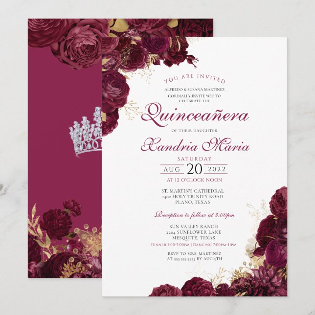 Elegant Burgundy Red Floral Quinceanera Invitation (Front/Back)