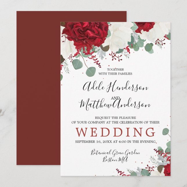 Elegant Burgundy Red Floral Wedding Invitation (Front/Back)