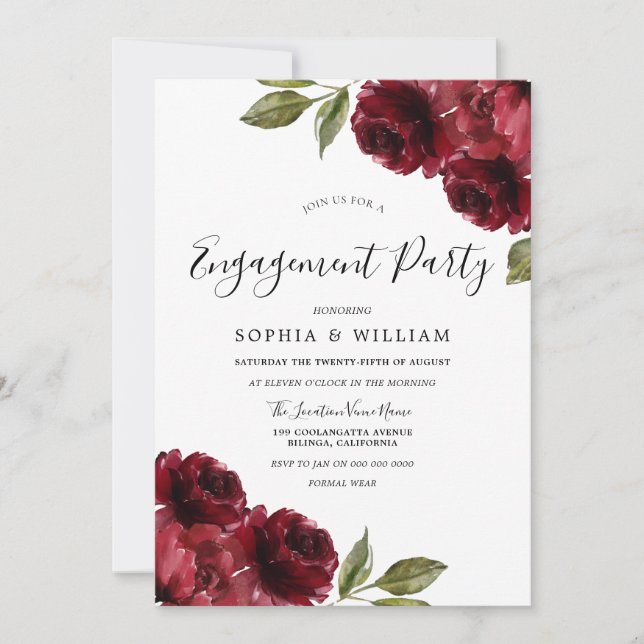 Elegant Burgundy Red Flowers Engagement Party Invitation (Front)