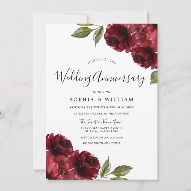 Elegant Burgundy Red Flowers Wedding Anniversary Invitation (Front)