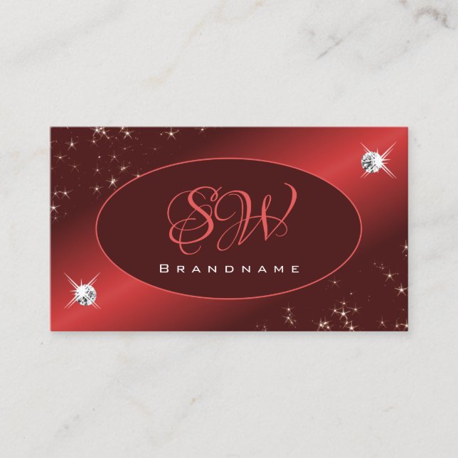 Elegant Burgundy Red Glitter Stars Jewels Initials Business Card (Front)