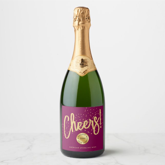 Elegant Burgundy Red Gold Cheers New Year Typo Sparkling Wine Label (Front)