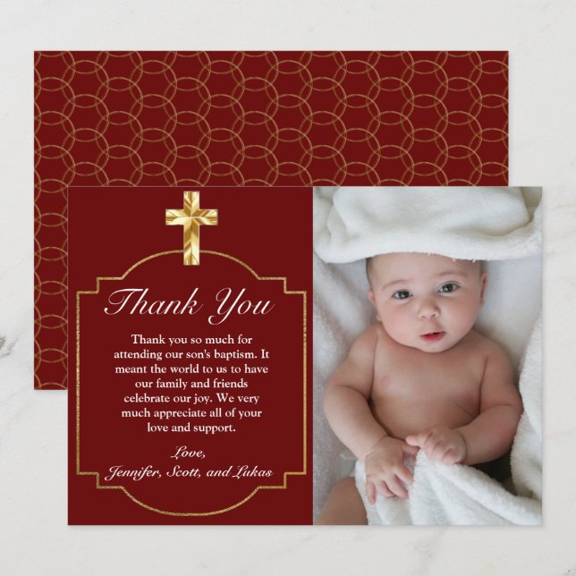 Elegant Burgundy Red Gold Cross Baptism  Thank You Card (Front/Back)
