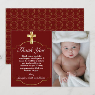 Elegant Burgundy Red Gold Cross Baptism  Thank You Card