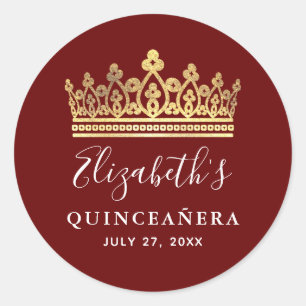 Elegant Burgundy Red Gold Crown Quinceanera Classic Round Sticker
