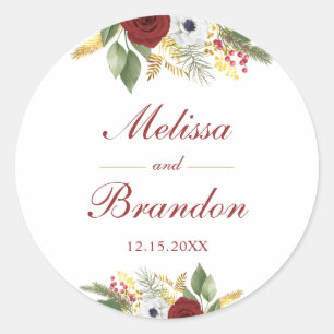 Elegant Burgundy Red & Gold Floral Script Wedding Classic Round Sticker