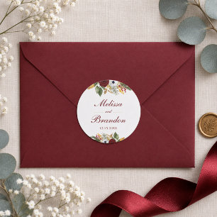Elegant Burgundy Red & Gold Floral Script Wedding Classic Round Sticker