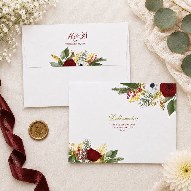 Elegant Burgundy Red & Gold Floral Script Wedding Envelope (Creator Uploaded)
