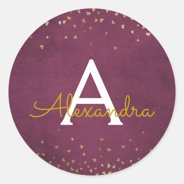 Elegant Burgundy Red - Gold Foil Confetti Monogram Classic Round Sticker (Front)