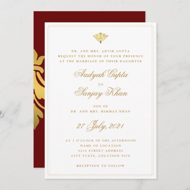 Elegant Burgundy Red Gold Indian Wedding Invitation (Front/Back)