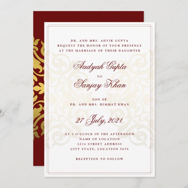 Elegant Burgundy Red Gold Mandala Indian Wedding Invitation (Front/Back)