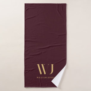 Elegant Burgundy Red Gold Minimalist Monogram Bath Towel Set