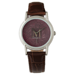 Elegant Burgundy Red Gold Monogram Floral Pattern  Watch
