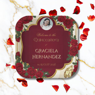 Elegant Burgundy Red & Gold Rose Quinceañera Paper Plate