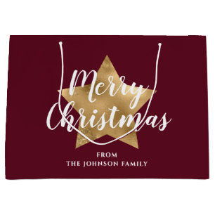 Elegant Burgundy Red Gold Star Christmas Large Gift Bag