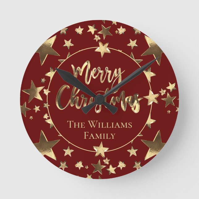 Elegant Burgundy Red Gold Stars Merry Christmas Round Clock (Front)