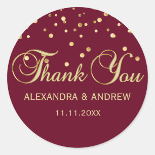 Elegant BURGUNDY Red Gold Wedding Thank You Classic Round Sticker