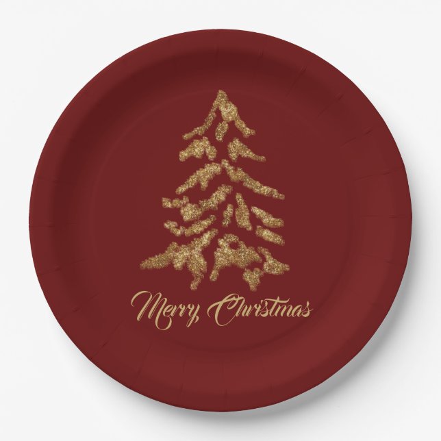 Elegant Burgundy Red Golden Tree Merry Christmas  Paper Plate (Front)