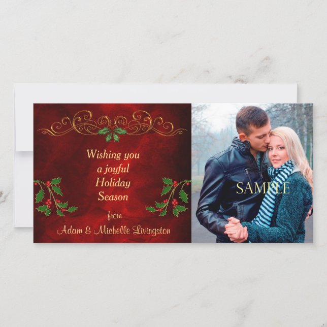 Elegant Burgundy Red Holly Christmas Photo Holiday Card (Front)