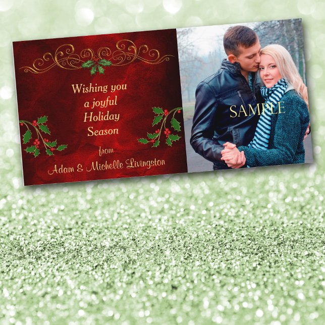 Elegant Burgundy Red Holly Christmas Photo Holiday Card (Creator Uploaded)