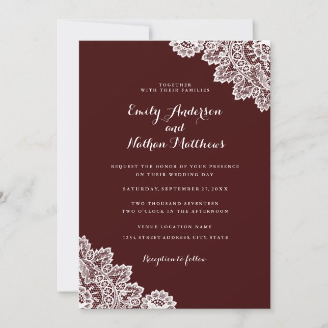 Elegant Burgundy Red Lace Wedding Invitation (Front)