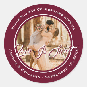 Elegant Burgundy Red Love Is Sweet Wedding Photo Classic Round Sticker