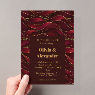 Elegant Burgundy Red Marble Waves with Gold Accent Acrylic Invitations