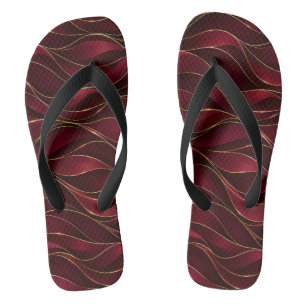 Elegant Burgundy Red Marble Waves with Gold Accent Flip Flops