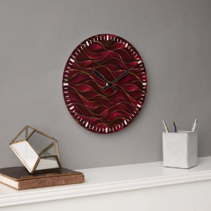 Elegant Burgundy Red Marble Waves with Gold Accent Large Clock