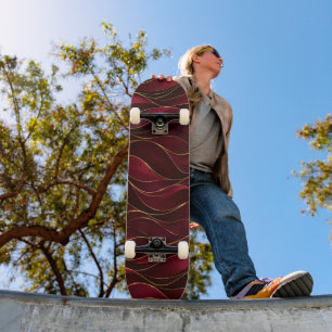 Elegant Burgundy Red Marble Waves with Gold Accent Skateboard
