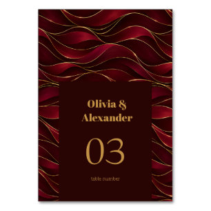 Elegant Burgundy Red Marble Waves with Gold Accent Table Number