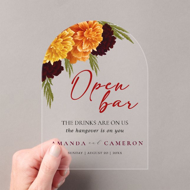 Elegant Burgundy Red  "MARIGOLD" Wedding Open Bar Acrylic Invitations (Insitu (Handheld))