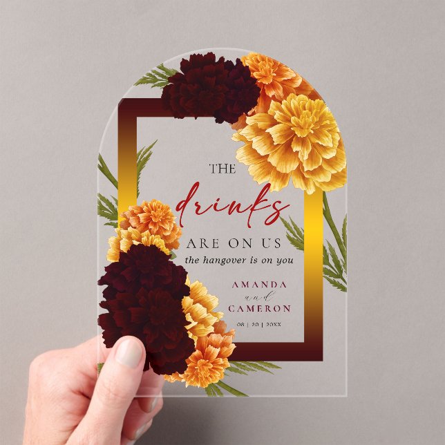 Elegant Burgundy Red  "MARIGOLD" Wedding The Drink Acrylic Invitations (Insitu (Handheld))