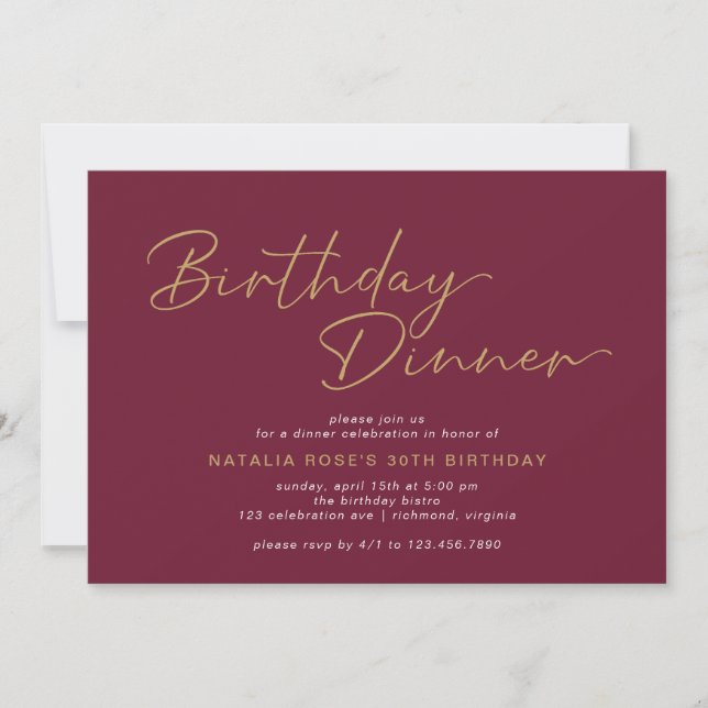 Elegant Burgundy Red | Maroon Gold Birthday Dinner Invitation (Front)