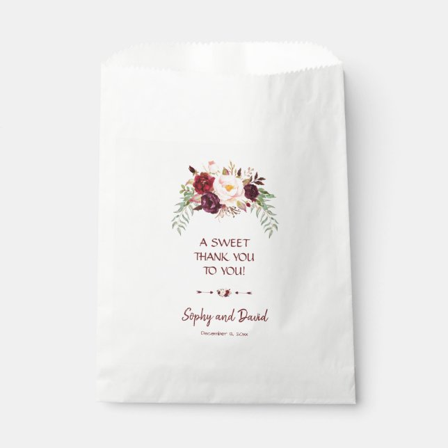 Elegant Burgundy Red Marsala Floral THANK YOU Favour Bags (Front)