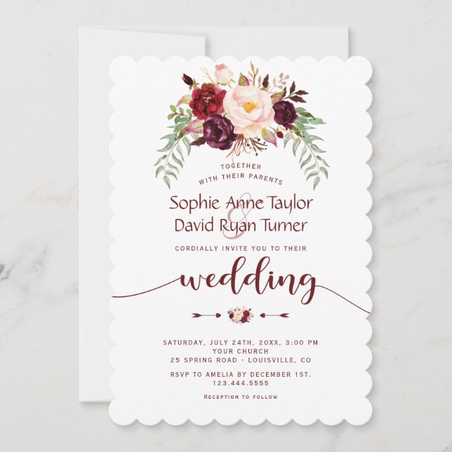 Elegant Burgundy Red Marsala Floral Wedding Invitation (Front)