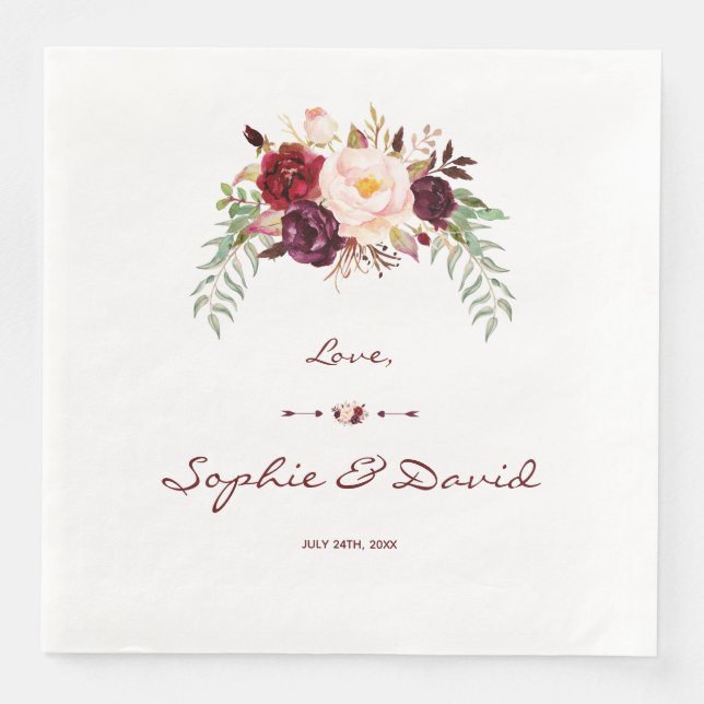 Elegant Burgundy Red Marsala Floral Wedding Napkin (Front)