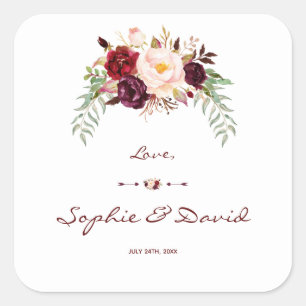 Elegant Burgundy Red Marsala Floral Wedding Square Sticker