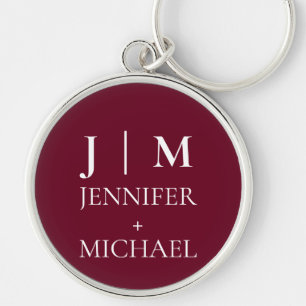 Elegant Burgundy Red Monogram Wedding Key Ring