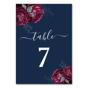 Elegant Burgundy Red Navy Blue Floral Peonies Table Number