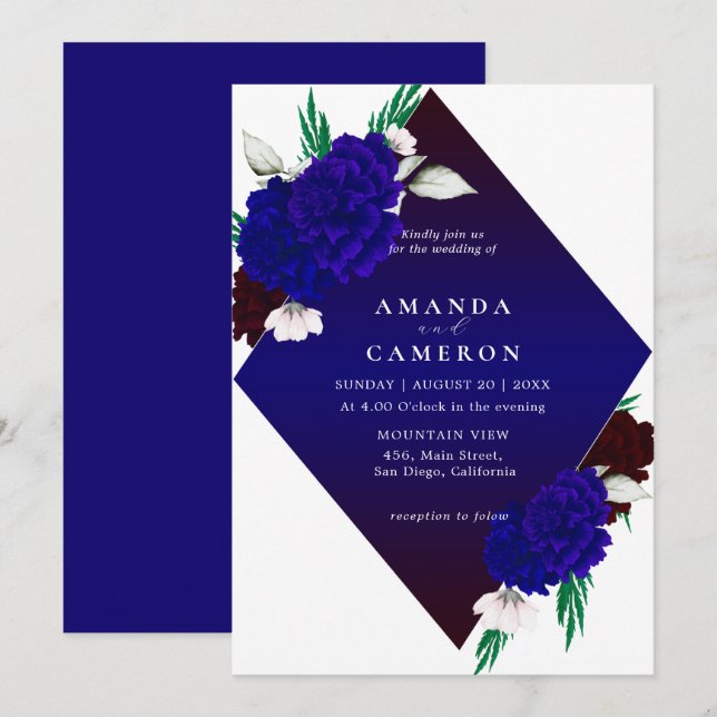 Elegant Burgundy Red Navy Blue "MARIGOLD" Wedding Invitation (Front/Back)