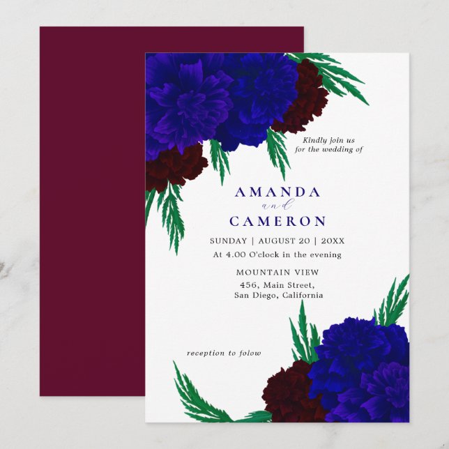 Elegant Burgundy Red Navy Blue "MARIGOLD" Wedding Invitation (Front/Back)