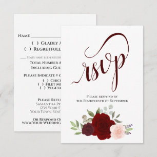 Elegant Burgundy Red & Pink Roses Bouquet Wedding RSVP Card