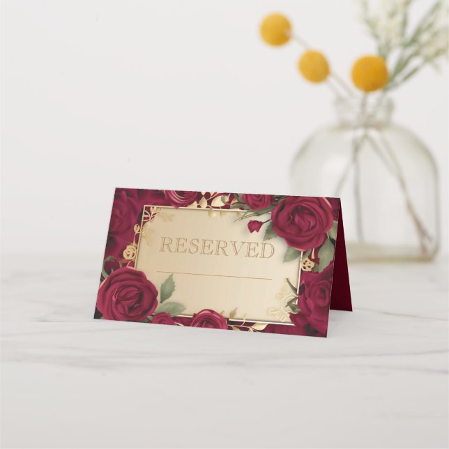 Elegant Burgundy Red Rose and Gold Wedding  Place Card (Front)