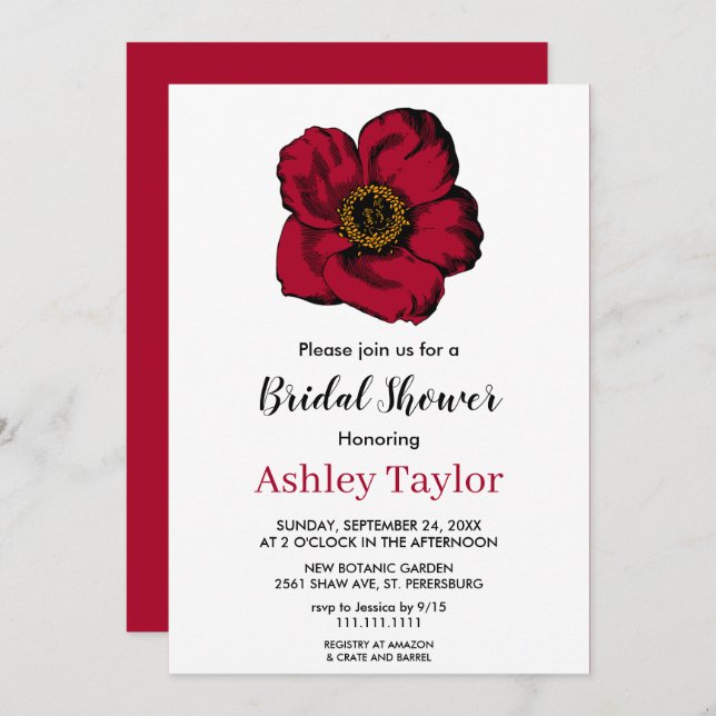 Elegant burgundy red rose floral Bridal Shower Invitation (Front/Back)