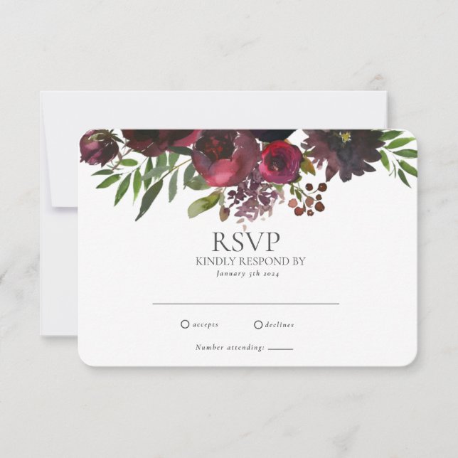 Elegant Burgundy Red Rose Floral Wedding RSVP Card (Front)