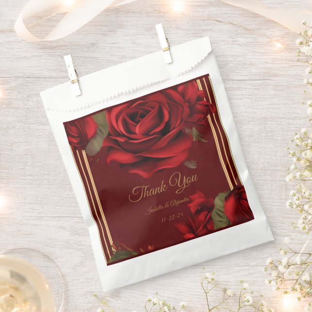 Elegant Burgundy Red Rose & Gold Wedding  Favour Bags (Clipped)