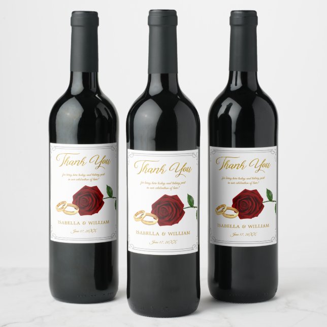 Elegant Burgundy Red Roses and Rings Wedding Wine Label (Bottles)